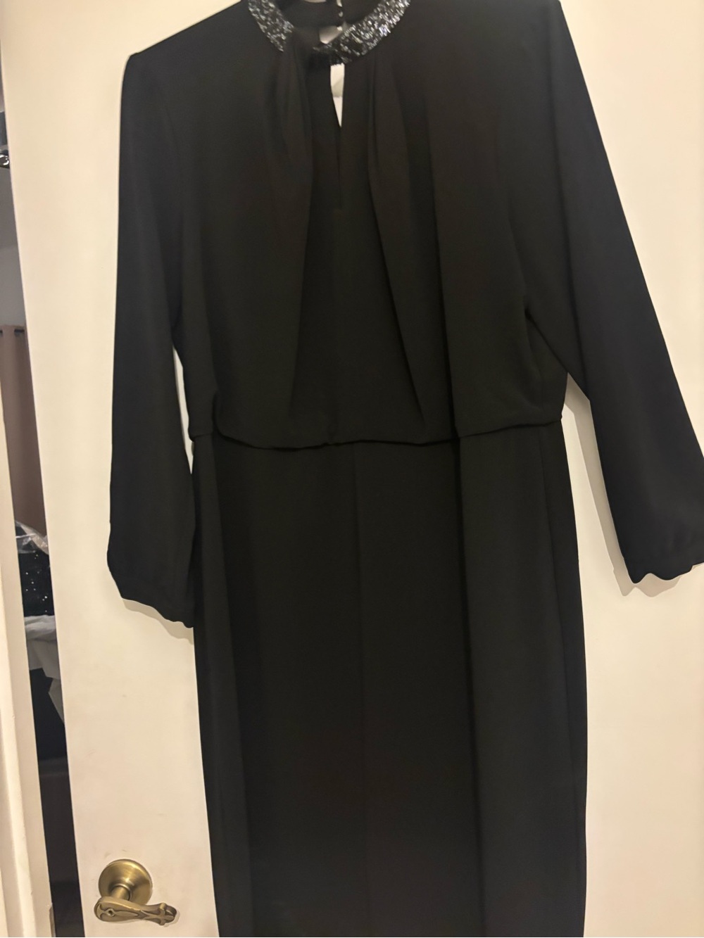 Halston Heritage Black Long Sleeve Midi Dress with Embellished Collar